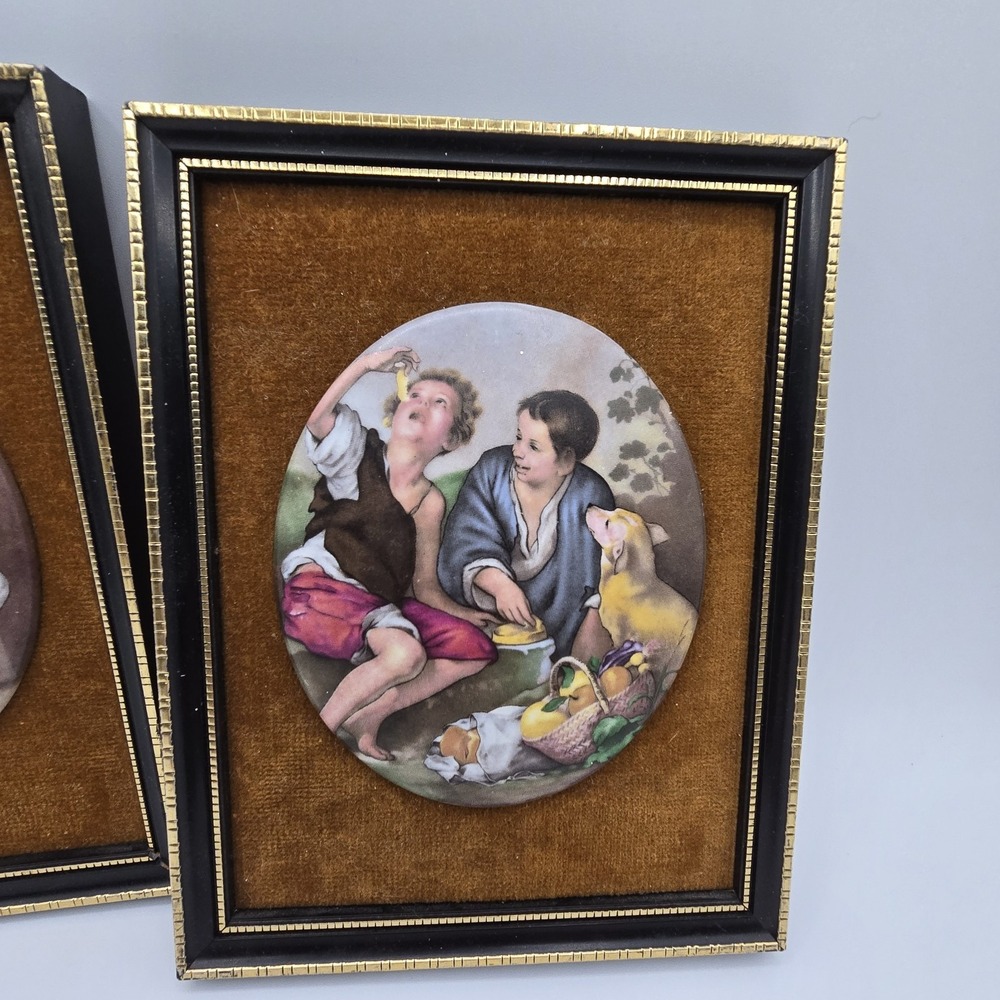 2 Vintage Murillo Bone China Miniature Porcelain in Frame Children‎ Eating - Picture 2 of 8